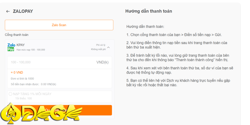 hướng dẫn nạp tiền daga từng bước